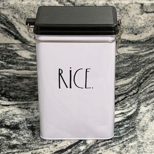 Rae Dunn White Rice Canister Black Lid Farmhouse Kitchen Storage Tin